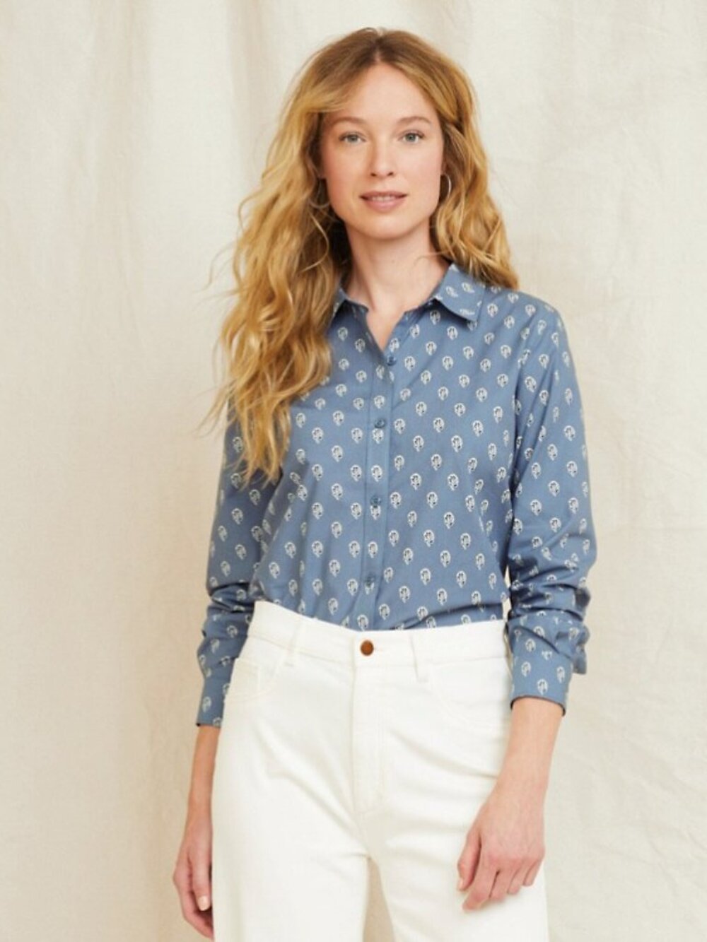 Garnet Hill Blue Patterned Organic Cotton Button Down Shirt Size 6 Women's